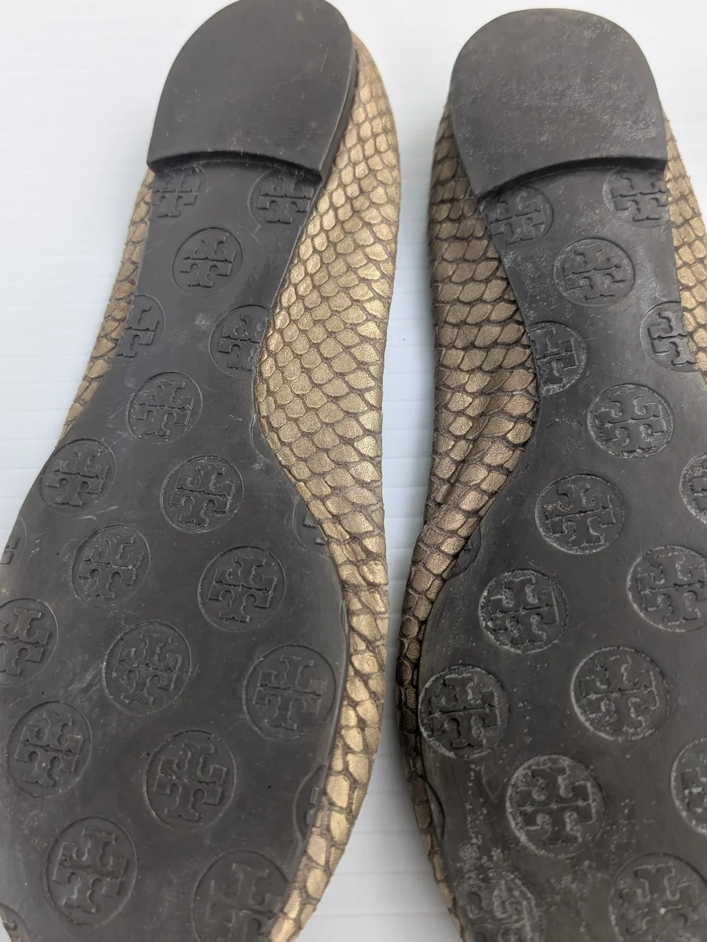 Tory Burch Reva Metallic Bronze Snake-Embossed Ballet Flats with Logo